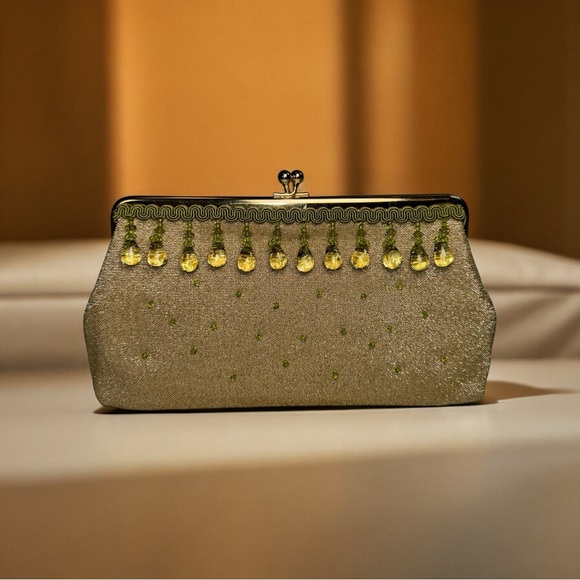 Handbags - Vintage Gold Metallic Lamé Beaded Kiss Lock Clutch Handbag Satin Interior EUC